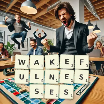 Creative illustration for a Scrabble game with the word WAKEFULNESSES spelled out in tiles on the board.