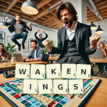 Creative illustration for a Scrabble game with the word WAKENINGS spelled out in tiles on the board.