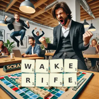 Creative illustration for a Scrabble game with the word WAKERIFE spelled out in tiles on the board.