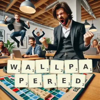 Creative illustration for a Scrabble game with the word WALLPAPERED spelled out in tiles on the board.