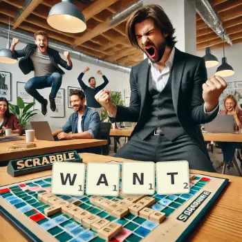 Creative illustration for a Scrabble game with the word WANT spelled out in tiles on the board.