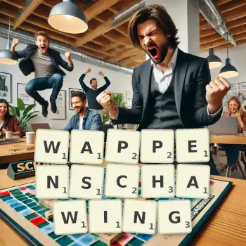Creative illustration for a Scrabble game with the word WAPPENSCHAWING spelled out in tiles on the board.