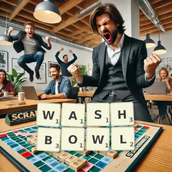 Creative illustration for a Scrabble game with the word WASHBOWL spelled out in tiles on the board.