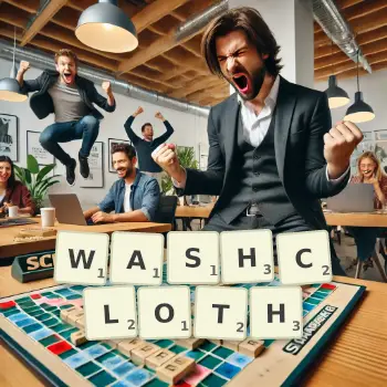 Creative illustration for a Scrabble game with the word WASHCLOTH spelled out in tiles on the board.