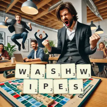 Creative illustration for a Scrabble game with the word WASHWIPES spelled out in tiles on the board.