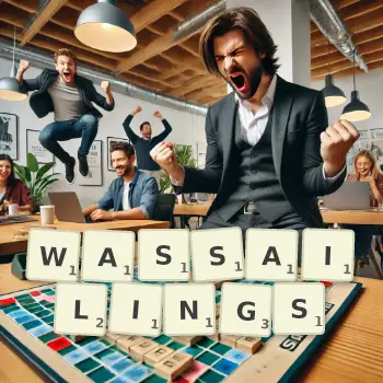 Creative illustration for a Scrabble game with the word WASSAILINGS spelled out in tiles on the board.