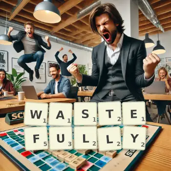 Creative illustration for a Scrabble game with the word WASTEFULLY spelled out in tiles on the board.