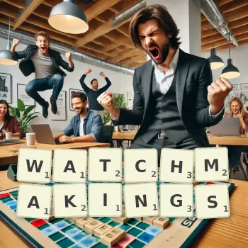 Creative illustration for a Scrabble game with the word WATCHMAKINGS spelled out in tiles on the board.