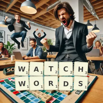 Creative illustration for a Scrabble game with the word WATCHWORDS spelled out in tiles on the board.