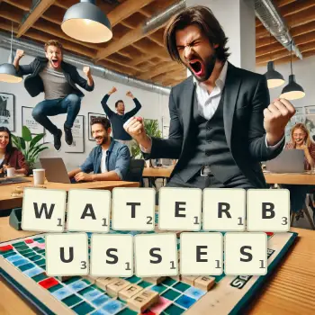 Creative illustration for a Scrabble game with the word WATERBUSSES spelled out in tiles on the board.