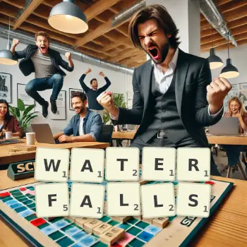 Creative illustration for a Scrabble game with the word WATERFALLS spelled out in tiles on the board.