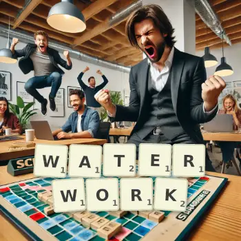 Creative illustration for a Scrabble game with the word WATERWORK spelled out in tiles on the board.