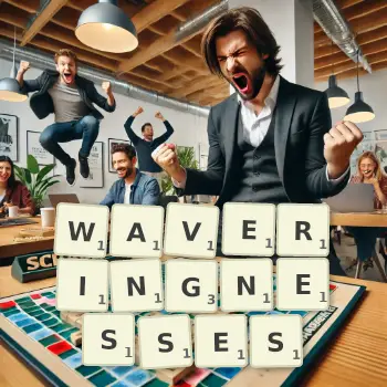 Creative illustration for a Scrabble game with the word WAVERINGNESSES spelled out in tiles on the board.
