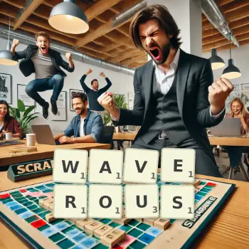 Creative illustration for a Scrabble game with the word WAVEROUS spelled out in tiles on the board.