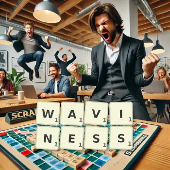 Creative illustration for a Scrabble game with the word WAVINESS spelled out in tiles on the board.
