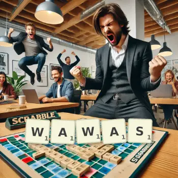 Creative illustration for a Scrabble game with the word WAWAS spelled out in tiles on the board.