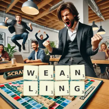 Creative illustration for a Scrabble game with the word WEANLING spelled out in tiles on the board.
