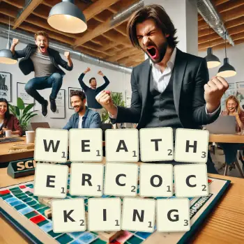 Creative illustration for a Scrabble game with the word WEATHERCOCKING spelled out in tiles on the board.