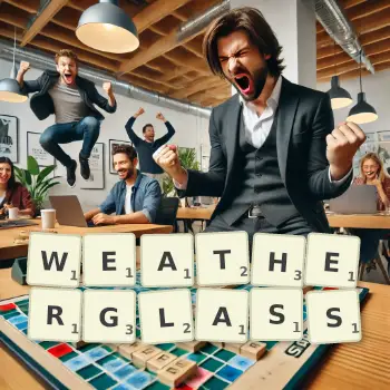 Creative illustration for a Scrabble game with the word WEATHERGLASS spelled out in tiles on the board.