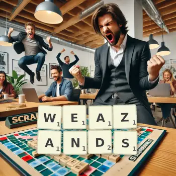 Creative illustration for a Scrabble game with the word WEAZANDS spelled out in tiles on the board.