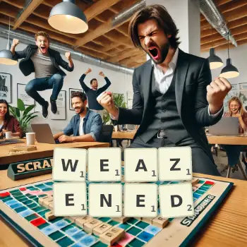 Creative illustration for a Scrabble game with the word WEAZENED spelled out in tiles on the board.