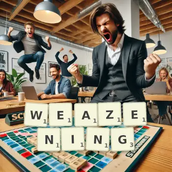 Creative illustration for a Scrabble game with the word WEAZENING spelled out in tiles on the board.
