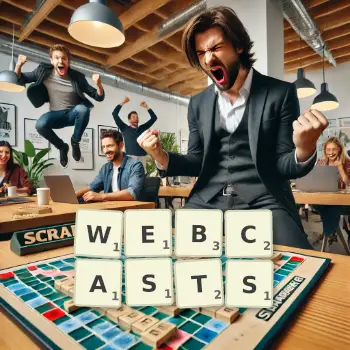 Creative illustration for a Scrabble game with the word WEBCASTS spelled out in tiles on the board.