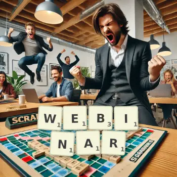 Creative illustration for a Scrabble game with the word WEBINAR spelled out in tiles on the board.