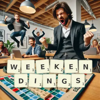 Creative illustration for a Scrabble game with the word WEEKENDINGS spelled out in tiles on the board.