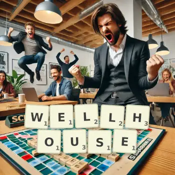 Creative illustration for a Scrabble game with the word WELLHOUSE spelled out in tiles on the board.