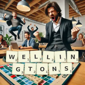 Creative illustration for a Scrabble game with the word WELLINGTONS spelled out in tiles on the board.