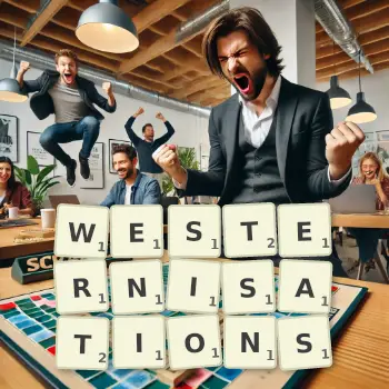 Creative illustration for a Scrabble game with the word WESTERNISATIONS spelled out in tiles on the board.