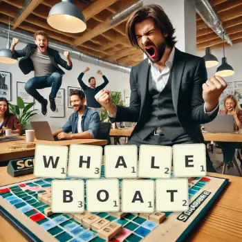 Creative illustration for a Scrabble game with the word WHALEBOAT spelled out in tiles on the board.