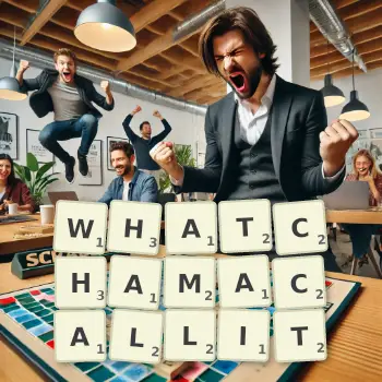 Creative illustration for a Scrabble game with the word WHATCHAMACALLIT spelled out in tiles on the board.