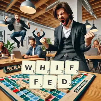 Creative illustration for a Scrabble game with the word WHIFFED spelled out in tiles on the board.