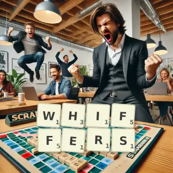 Creative illustration for a Scrabble game with the word WHIFFERS spelled out in tiles on the board.