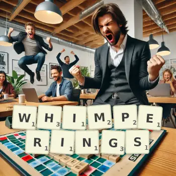 Creative illustration for a Scrabble game with the word WHIMPERINGS spelled out in tiles on the board.