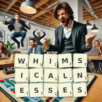 Creative illustration for a Scrabble game with the word WHIMSICALNESSES spelled out in tiles on the board.
