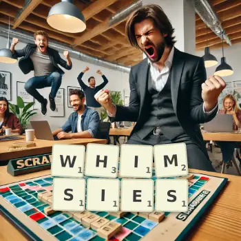 Creative illustration for a Scrabble game with the word WHIMSIES spelled out in tiles on the board.