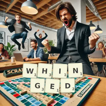 Creative illustration for a Scrabble game with the word WHINGED spelled out in tiles on the board.