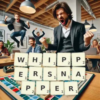 Creative illustration for a Scrabble game with the word WHIPPERSNAPPER spelled out in tiles on the board.