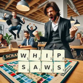Creative illustration for a Scrabble game with the word WHIPSAWS spelled out in tiles on the board.
