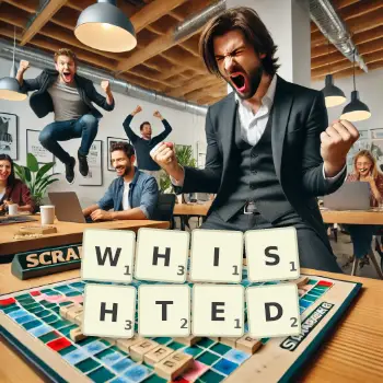 Creative illustration for a Scrabble game with the word WHISHTED spelled out in tiles on the board.