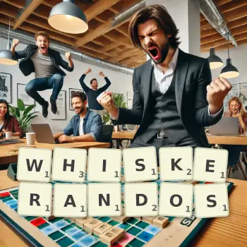 Creative illustration for a Scrabble game with the word WHISKERANDOS spelled out in tiles on the board.
