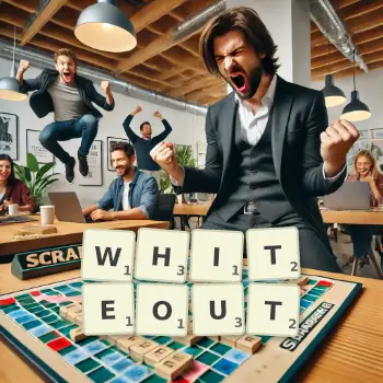 Creative illustration for a Scrabble game with the word WHITEOUT spelled out in tiles on the board.