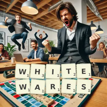 Creative illustration for a Scrabble game with the word WHITEWARES spelled out in tiles on the board.