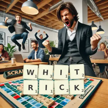 Creative illustration for a Scrabble game with the word WHITRICK spelled out in tiles on the board.