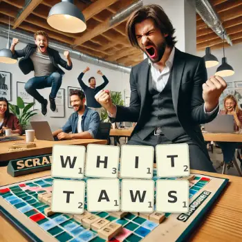Creative illustration for a Scrabble game with the word WHITTAWS spelled out in tiles on the board.