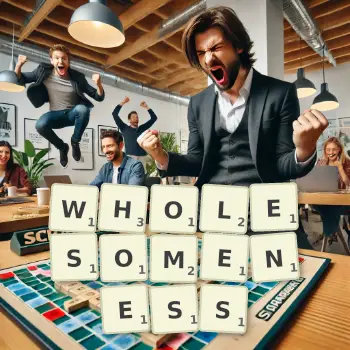 Creative illustration for a Scrabble game with the word WHOLESOMENESS spelled out in tiles on the board.
