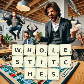 Creative illustration for a Scrabble game with the word WHOLESTITCHES spelled out in tiles on the board.